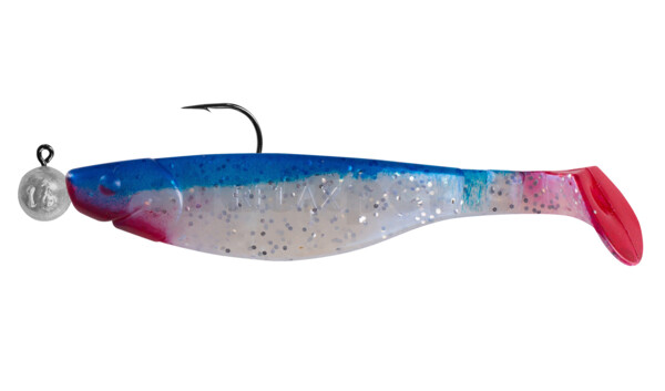 000214M047-14 Kopyto-River 5" (ca. 14,0 cm) bluepearl-glitter / blue, mounted on MUXRO 8/0 15g