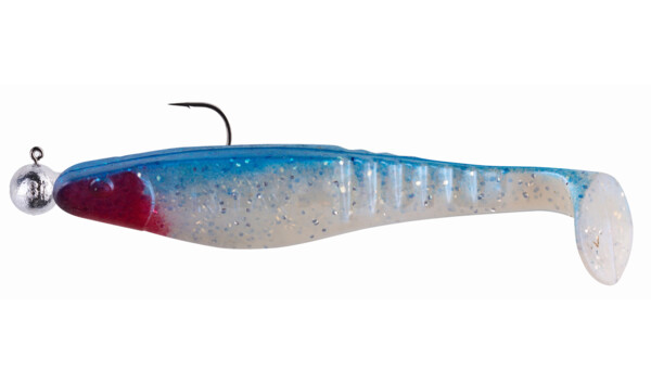 000812M047-14 Shark 4" (ca. 11,0 cm) blauperl-Glitter / blau, montiert auf SXRO 6/0 10g