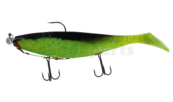 000423M067-20 Xtra-Soft 9" (ca. 23,0 cm) grün (chartreuse) glitter / schwarz, montiert auf MUXRO 12/0 20g