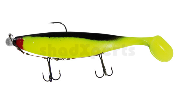000423M056-25 Xtra-Soft 9" (ca. 23,0 cm) fluogelb / schwarz, montiert auf MUXRO 12/0 25g, mit Beihänger-System