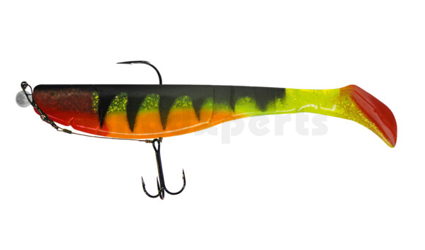000220M066ZO-15 Kopyto Classic 8" (ca. 20,0 cm) grün(chartreuse)Glitter / Zander / Bauch: orange, montiert MUXRO 12/0 15g, mit Beihänger