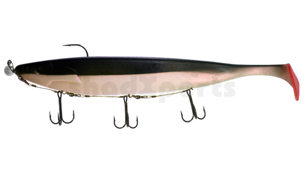 000430M014-25 Megalodon 12" (ca. 30,0 cm) perl / schwarz, montiert auf MUXRO 12/0 25g, mit Beihänger-System