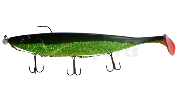 000430M067-25 Megalodon 12" (ca. 30,0 cm) grün(chartreuse)-Glitter / schwarz, montiert auf MUXRO 12/0 25g, mit Beihänger-System