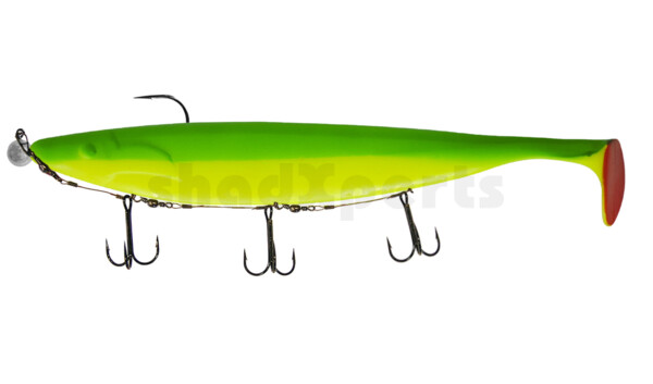 000430M058-35 Megalodon 12" (ca. 30,0 cm) fluogelb / grün, montiert auf MUXRO 12/0 35g, mit Beihänger-System