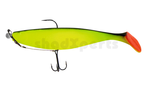 000418M056-15 Xtra-Soft 7" (ca. 18,0 cm) fluogelb / schwarz, montiert auf MUXRO 10/0 15g