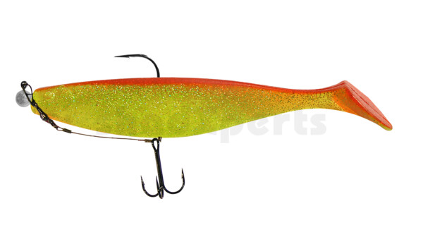 000418M068-15 Xtra-Soft 7" (ca. 18,0 cm) grün(chartreuse)-Glitter / rot, montiert auf MUXRO 10/0 15g