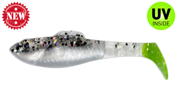 003308B004LT Super Shad 3" (ca. 8 cm) perlweiss / klar salt´n pepper Glitter / Lime Tail