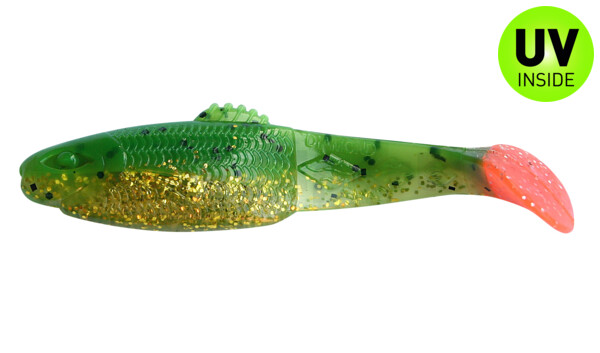 001413B173RT Diamond Shad 5" (ca. 13,5 cm) dunkelgrün Glitter  / klar gold Glitter / red tail