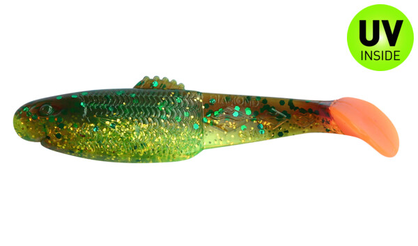 001413B054OT Diamond Shad 5" (ca. 13,5 cm) grün (chartreuse)-Glitter / motoroil Glitter / orange tail