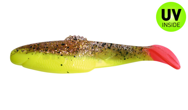 001413B150RT Diamond Shad 5" (ca. 13,5 cm) fluogelb  / klar kupfer, schwarz Glitter / red tail
