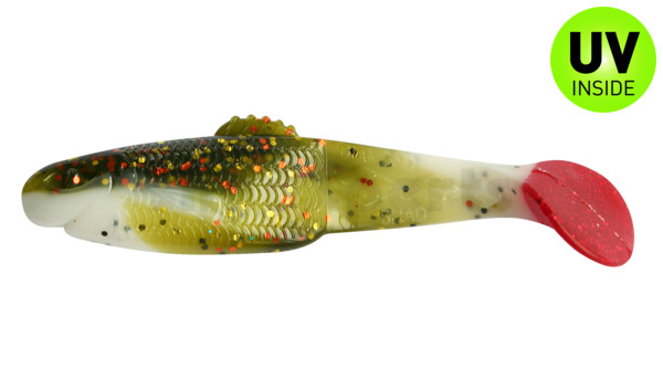 001407B188RT Diamond-Shad 2,5" (ca. 7,0 cm) reinweiss / olive-tree-Glitter / red tail