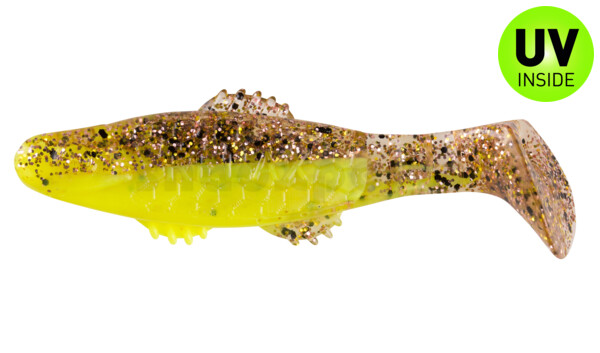 001008B150 Killer Shad 3" (ca. 8,0 cm) fluogelb  / klar kupfer, schwarz Glitter