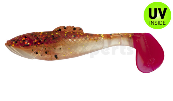 003311B023RT Super Shad 4"" gold pearl / motoroil glitter / red tail