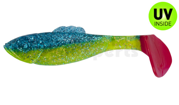 003311B113RT Super Shad 4"" green (chartreuse)-glitter / blue-violet glitter / red tail