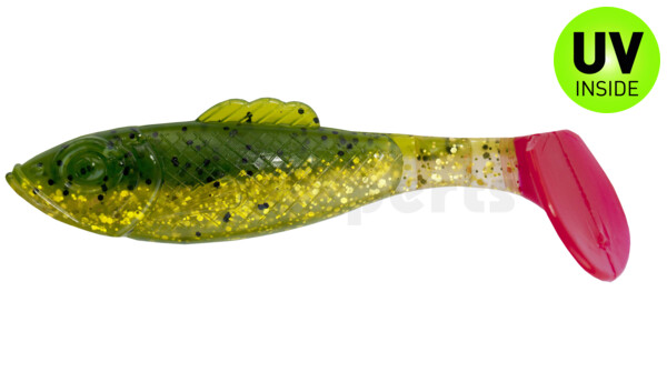 003311B173RT Super Shad 4"" watermelon chartreuse glitter / clear gold glitter / red tail