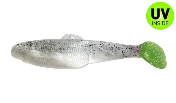 001413B004LT Diamond Shad 5" (ca. 13,5 cm) perlweiss / klar salt´n pepper Glitter / Lime Tail