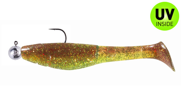 000211MB054-10 Kopyto-Classic 4" (ca. 11,0 cm) grün (chartreuse)-Glitter / motoroil Glitter, montiert auf SXRO 6/0 10g