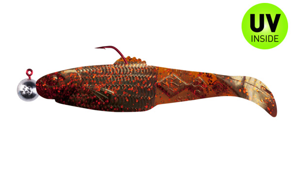 001413M298-12 Diamond Shad 5" (ca. 13,5 cm) motoroil-red-glitter, mounted on HBA 5/0 12g