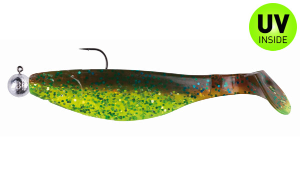 000212MB054-10 Kopyto-River 4" (ca. 12,0 cm) chartreuse-glitter / motoroil glitter, mounted on SXRO 6/0 10g