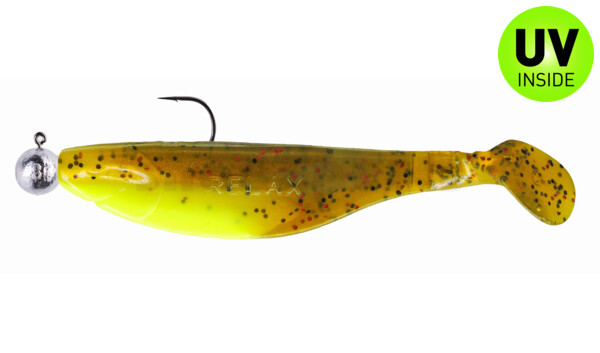 000212MB110-10 Kopyto-River 4" (ca. 12,0 cm) silk  / olivebrown-glitter, mounted on SXRO 6/0 10g