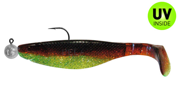 000214MB054-14 Kopyto-River 5" (ca. 14,0 cm)  grün (chartreuse)-Glitter / motoroil Glitter, montiert auf MUXRO 8/0 15g