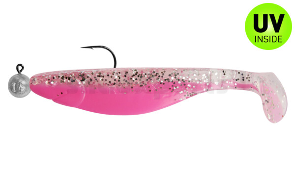 000214MB300-14 Kopyto-River 5" (ca. 14,0 cm) bubblegum / clear silver glitter, mounted on MUXRO 8/0 15g