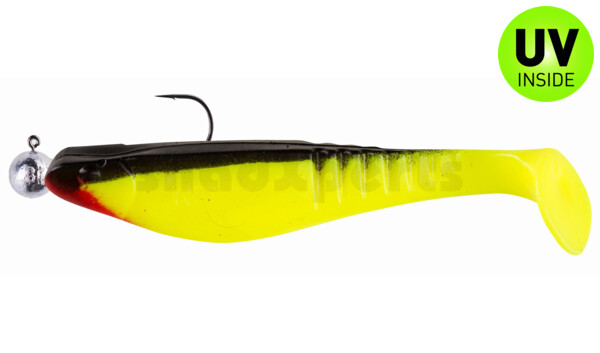 000812M056-14 Shark 4" (ca. 11,0 cm) fluogelb / schwarz, montiert auf SXRO 6/0 10g