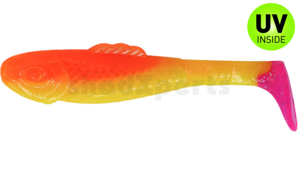 003308B033PT Super Shad 3" (ca. 8 cm) fluogelb  / orange-silber Glitter / Pink Tail