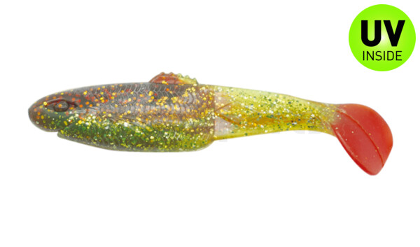 001407B054RT Diamond-Shad 2,5" (ca. 7,0 cm) grün (chartreuse)-Glitter / motoroil Glitter / red tail