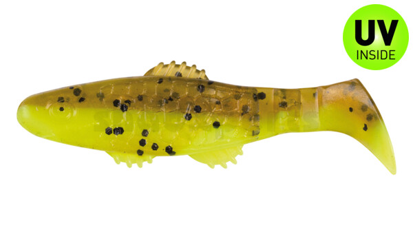 001008B110 Killer Shad 3" (ca. 8,0 cm) fluogelb  / olivebraun-Glitter