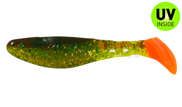 000208B054RT Kopyto-Classic 3" (ca. 8,0 cm) grün (chartreuse)-Glitter / motoroil Glitter / red tail