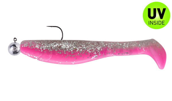 000211MB300-10 Kopyto-Classic 4" (ca. 11,0 cm) bubblegum / klar silber Glitter, montiert auf SXRO 6/0 10g