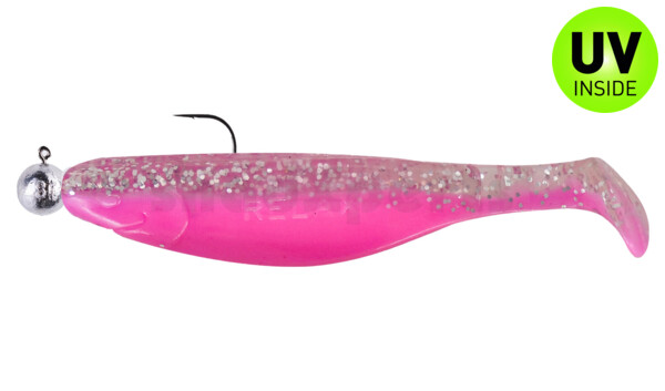 000212MB300-10 Kopyto-River 4" (ca. 12,0 cm) bubblegum / clear silver glitter, mounted on SXRO 6/0 10g
