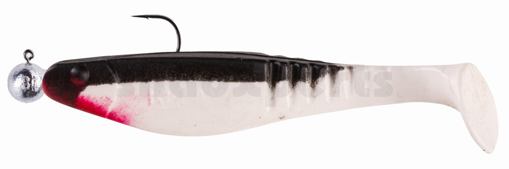 000812M002-14 Shark 4" (ca. 11,0 cm) reinweiss / schwarz, montiert auf SXRO 6/0 10g