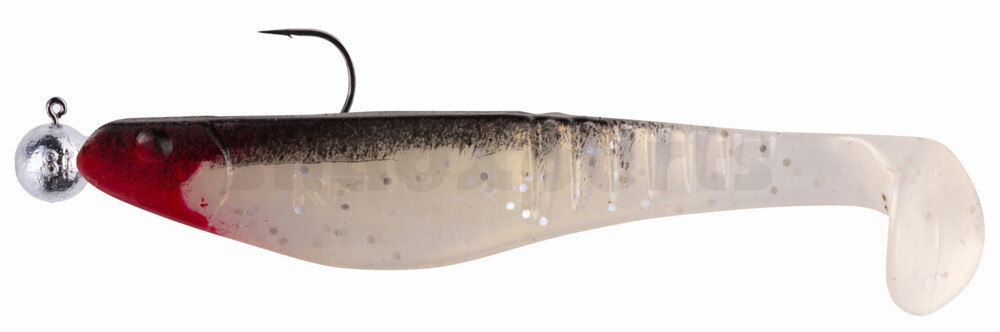 000812M050-14 Shark 4" (ca. 11,0 cm) goldperl-Glitter / schwarz, montiert auf SXRO 6/0 10g