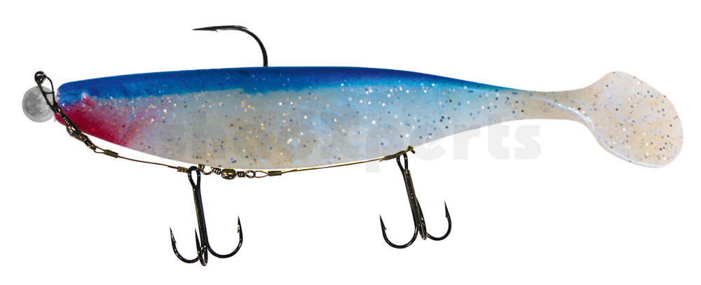 000423M047-25 Xtra-Soft 9" (ca. 23,0 cm) blauperl-Glitter / blau, montiert auf MUXRO 12/0 25g, mit Beihänger-System