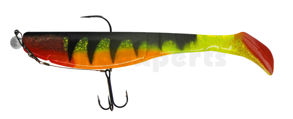 000220M066ZO-20 Kopyto Classic 8" (ca. 20,0 cm) grün(chartreuse)Glitter / Zander / Bauch: orange, montiert MUXRO 12/0 20g, mit Beihänger
