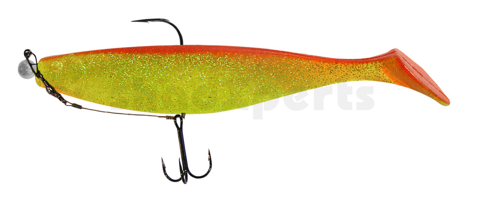 000418M068-15 Xtra-Soft 7" (ca. 18,0 cm) grün(chartreuse)-Glitter / rot, montiert auf MUXRO 10/0 15g