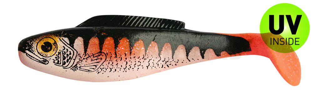 000412122Z Fin Ripper 5" (ca. 12,0 cm) fluoorange Glitter / Zander / Bauch: weiß