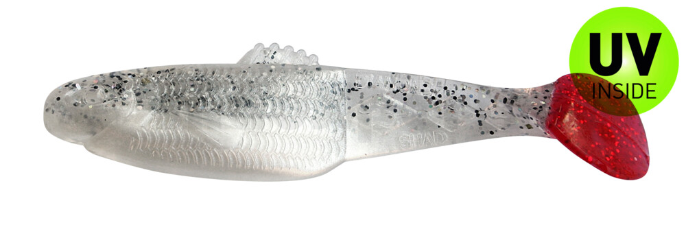 001410B004RT Diamond Shad 3,5" (ca. 10,0 cm) perlweiss / klar salt´n pepper Glitter / red tail