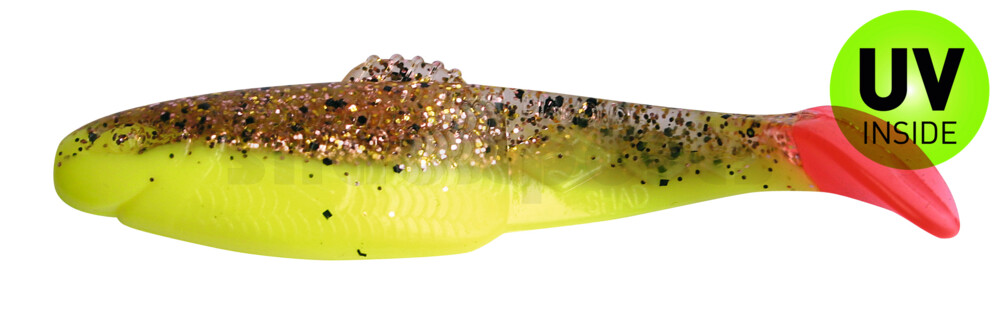 001410B150RT Diamond Shad 3,5" (ca. 10,0 cm) fluogelb  / klar kupfer, schwarz Glitter / red tail