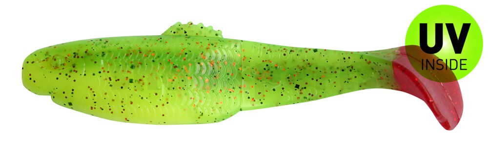 001410B002RT Diamond Shad 3,5" (ca. 10,0 cm) fluogelb  / grün-Glitter / red tail