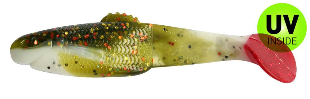 001410B188RT Diamond Shad 3,5" (ca. 10,0 cm) reinweiss / olive-tree-Glitter / red tail