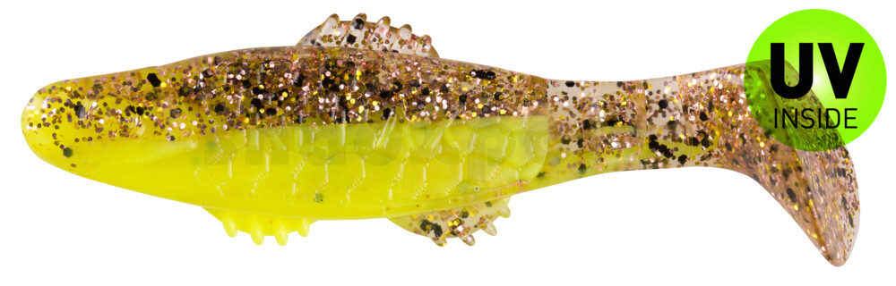 001008B150 Killer Shad 3" (ca. 8,0 cm) fluogelb  / klar kupfer, schwarz Glitter