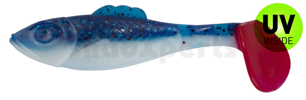 003311B078RT Super Shad 4"" reinweiss / klar blau Glitter / red tail