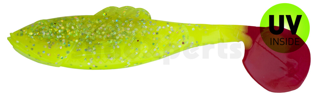 003311B034RT Super Shad 4"" fluogelb  / fluogrün-Glitter / red tail