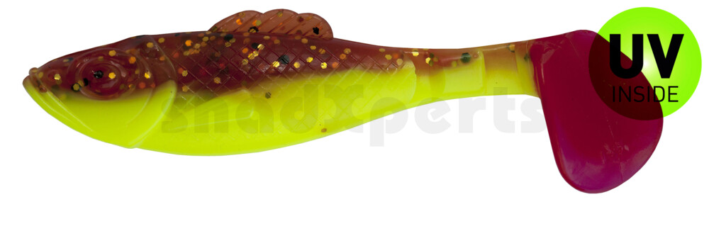 003311B110RT Super Shad 4"" fluogelb  / olivebraun-Glitter / red tail