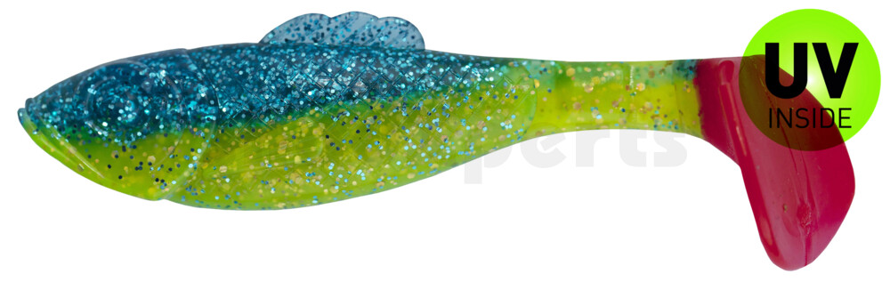003311B113RT Super Shad 4"" grün (chartreuse)-Glitter / blau-violett Glitter / red tail