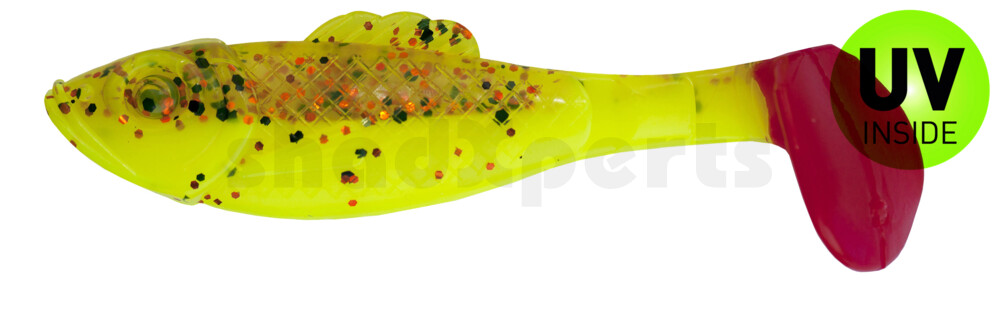 003311B150RT Super Shad 4"" fluogelb  / klar kupfer, schwarz Glitter / red tail