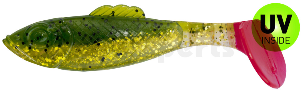 003311B173RT Super Shad 4"" dunkelgrün Glitter  / klar gold Glitter / red tail